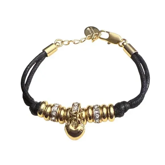 Juicy Couture Bracelet Pave Crystal Heart Charm Gold Beads Black Cord 6”-6.5 - Picture 3 of 6
